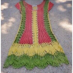 Boho Coastal Crochet Mini Cover Up Dress Rasta Resort Beach Vibe Juniors Medium